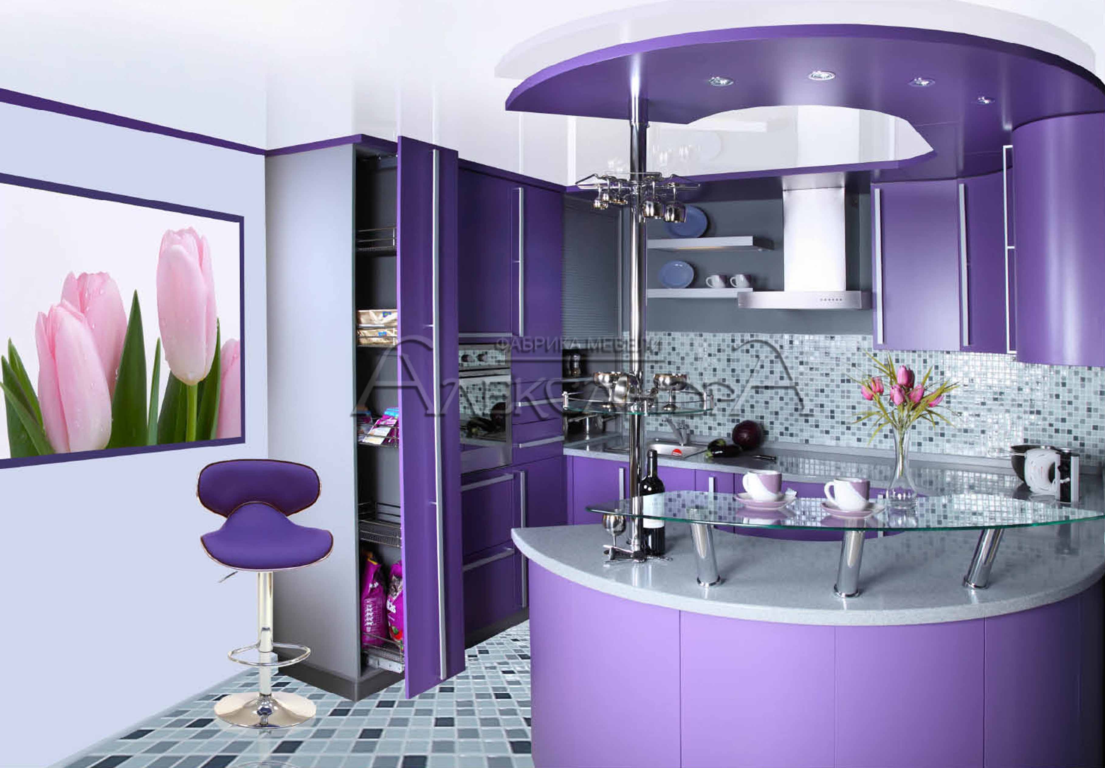 Кухня фиолетовая угловая с барной стойкой